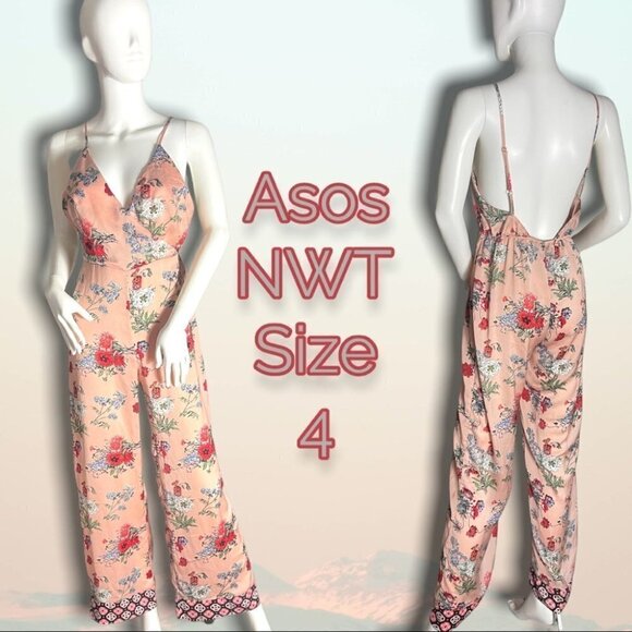 𝅺ASOS NWT Floral Strappy Jumpsuit Pink Size 4 - Picture 1 of 14